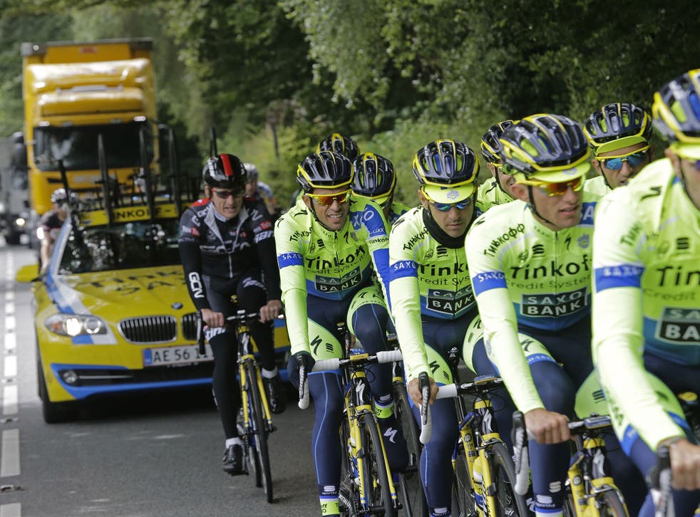 Team Tinkoff Saxo during a training session in Leeds ahead of Saturday’s start of the Tour de France