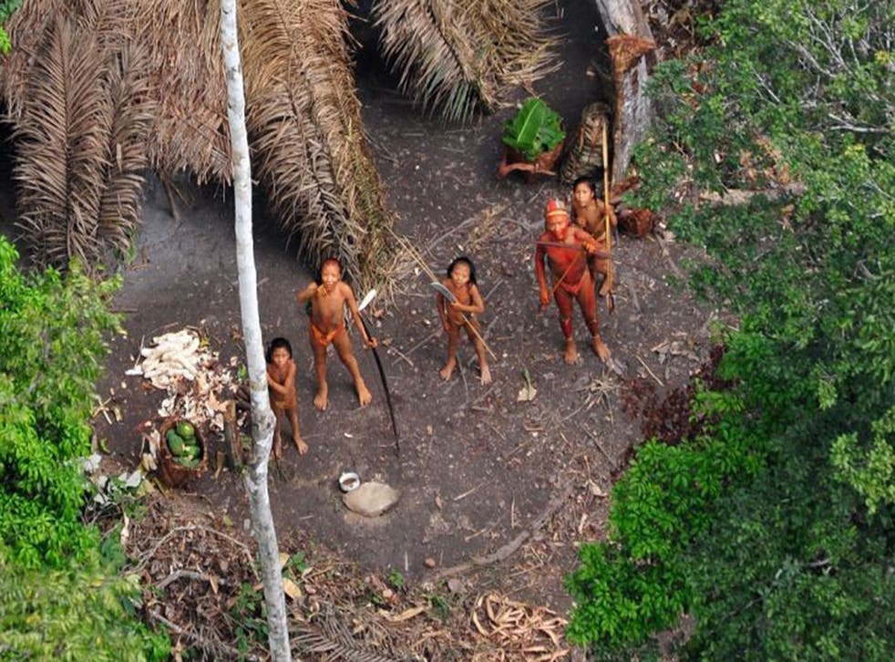 Members of an uncontacted tribe, seen from a Brazilian government observation aircraft in the Amazon rainforest