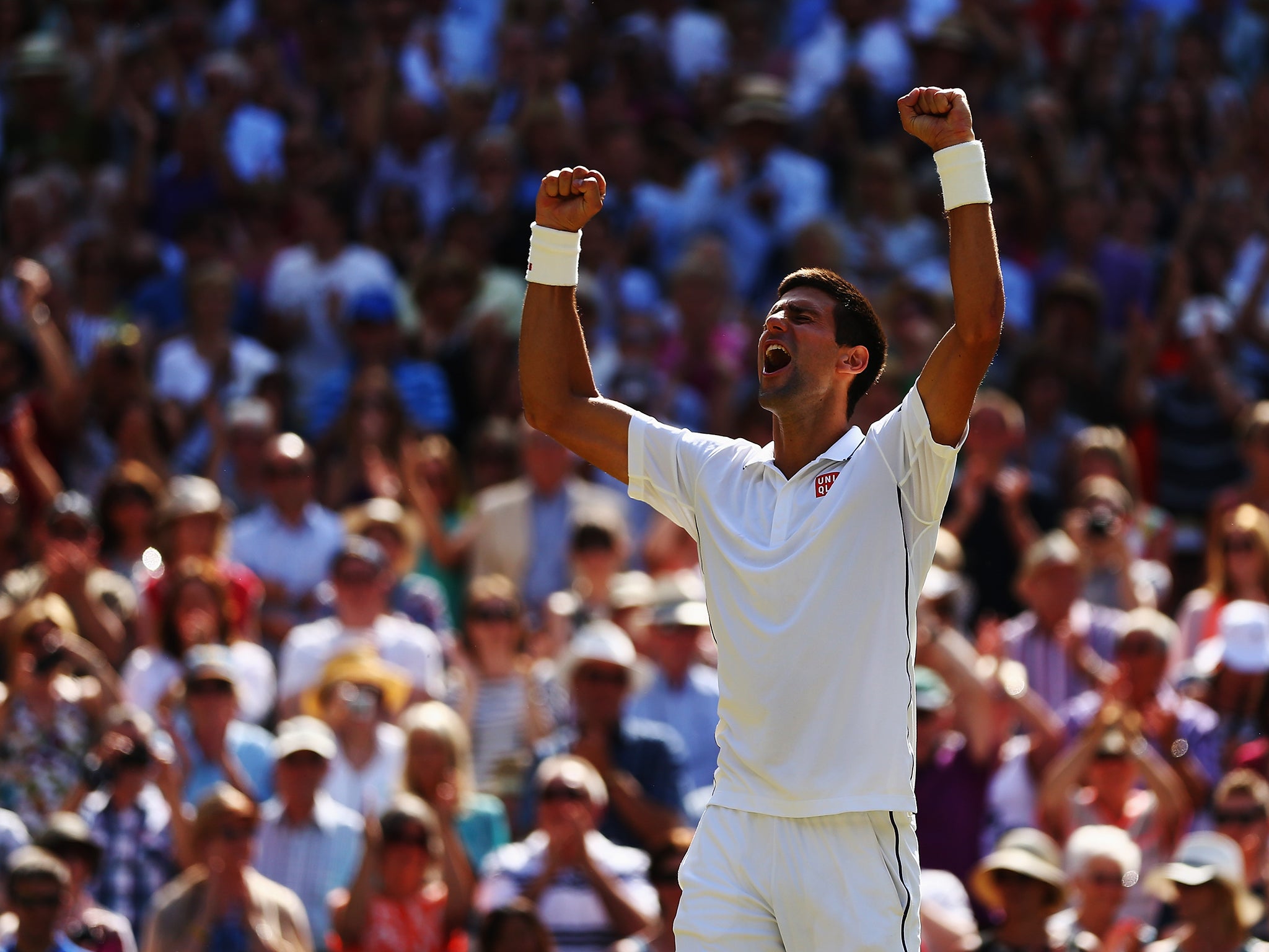 Djokovic pictured celebrating victory over Dimitrov in the semi-finals of Wimbledon