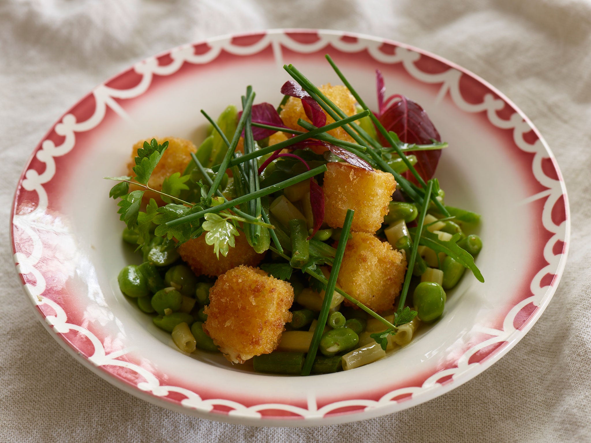 Summer bean salad with Black Cow fritters