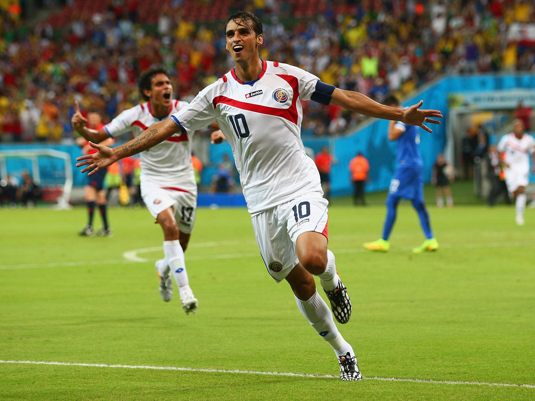 Costa Rica’s captain Bryan Ruiz pounces against Greece