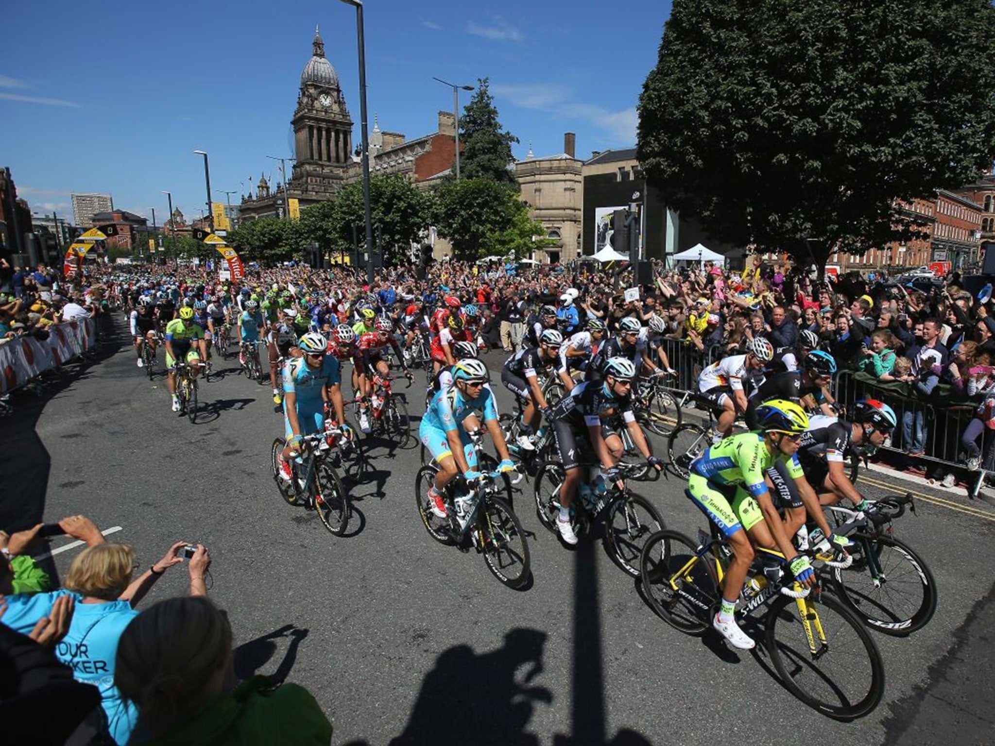 The race leaves the start for stage one of the 2014 Tour de France