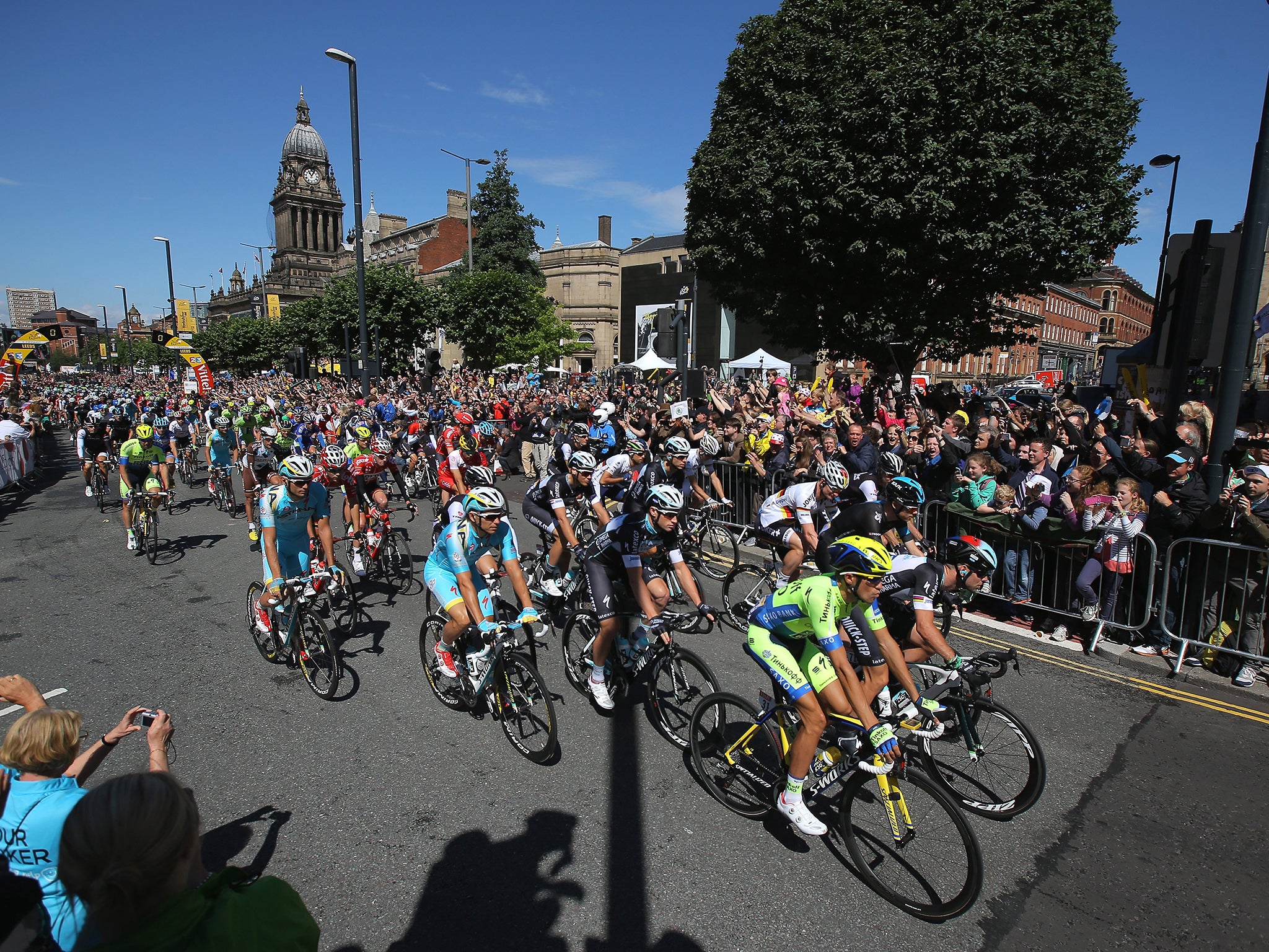The race leaves the start for stage one of the 2014 Tour de France from Leeds to Harrogate