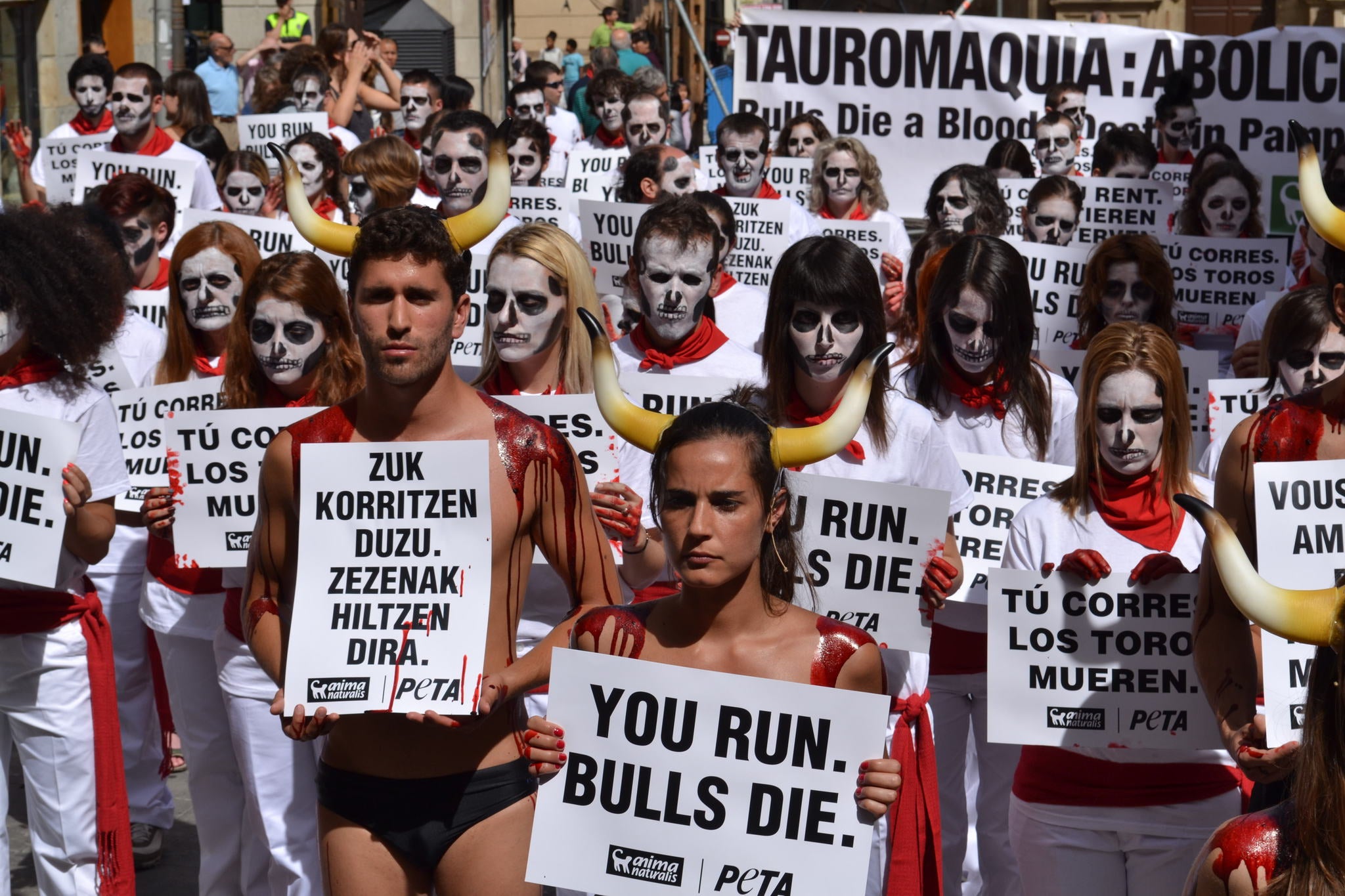 A protest against bullrunning today ahead of the San Fermin festival