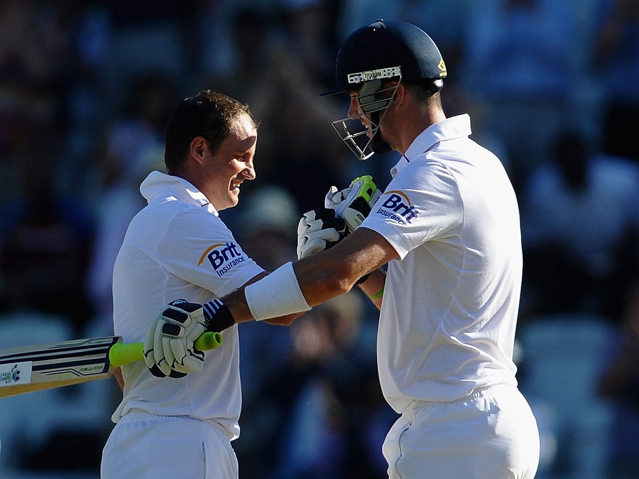 Andrew Strauss and Kevin Pietersen celebrate the former's century in May 2012