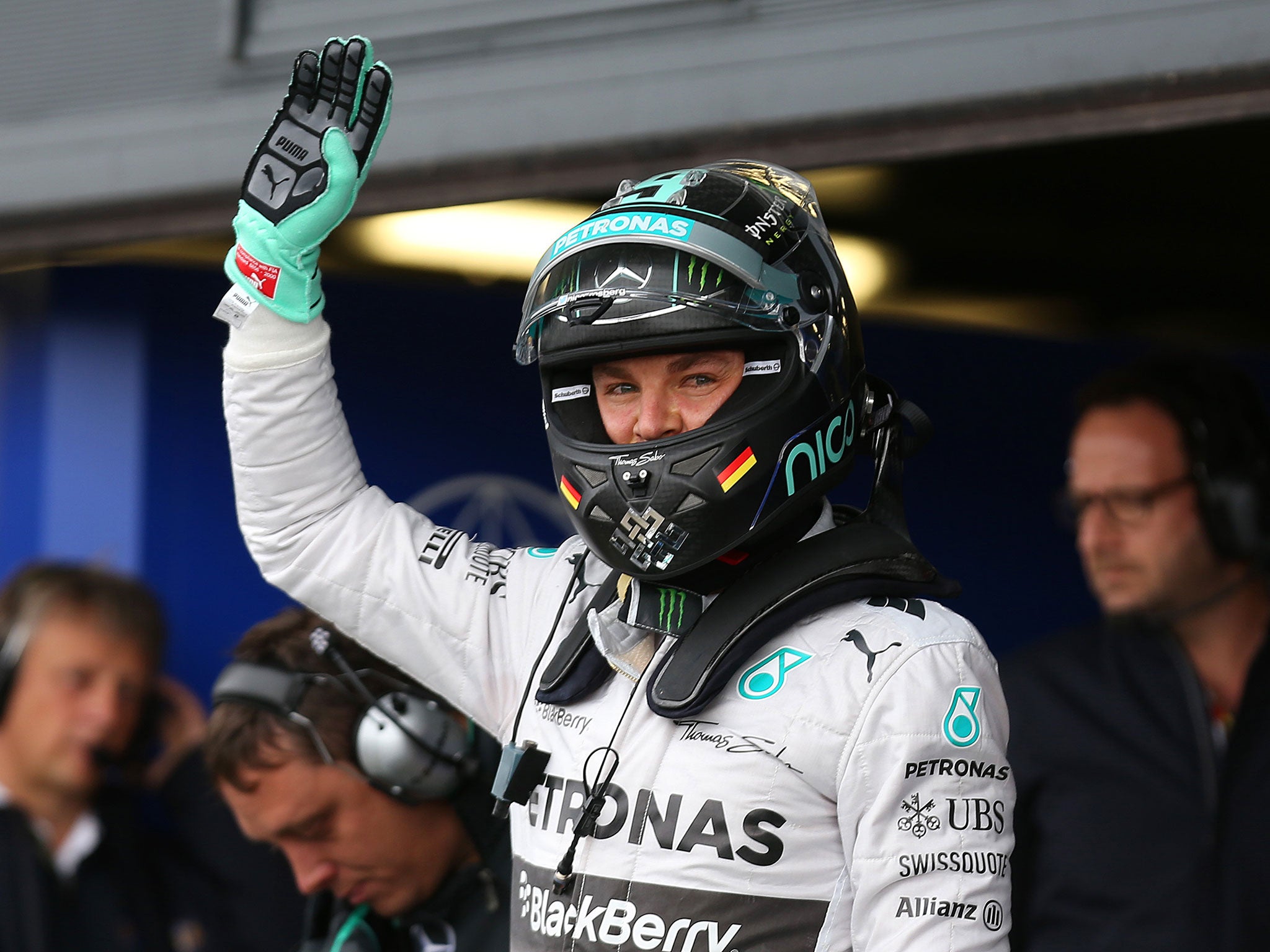 Nico Rosberg of Germany and Mercedes GP celebrates in Parc Ferme after claiming pole position during qualifying ahead of the British Formula One Grand Prix