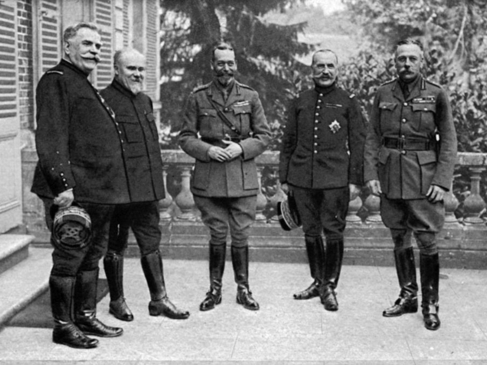 From left, Marshal Joffre, President Henri Poincaré, King George V, General Foch, and Field-Marshal Haig
