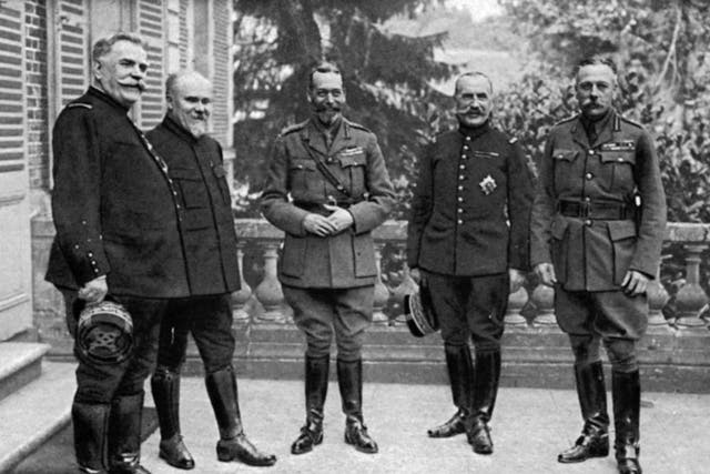 From left, Marshal Joffre, President Henri Poincaré, King George V, General Foch, and Field-Marshal Haig 