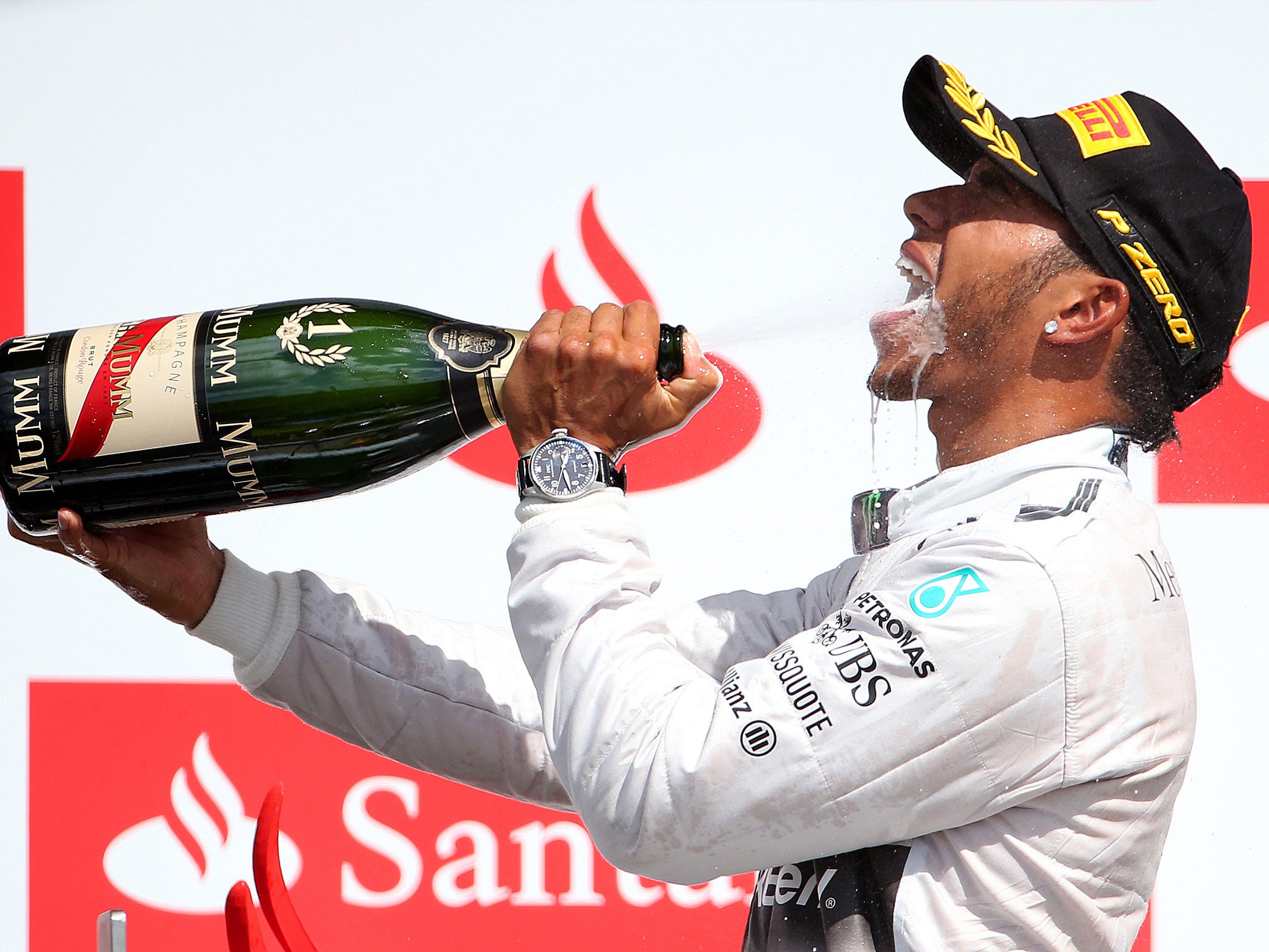 Lewis Hamilton celebrates his victory at the British Grand Prix