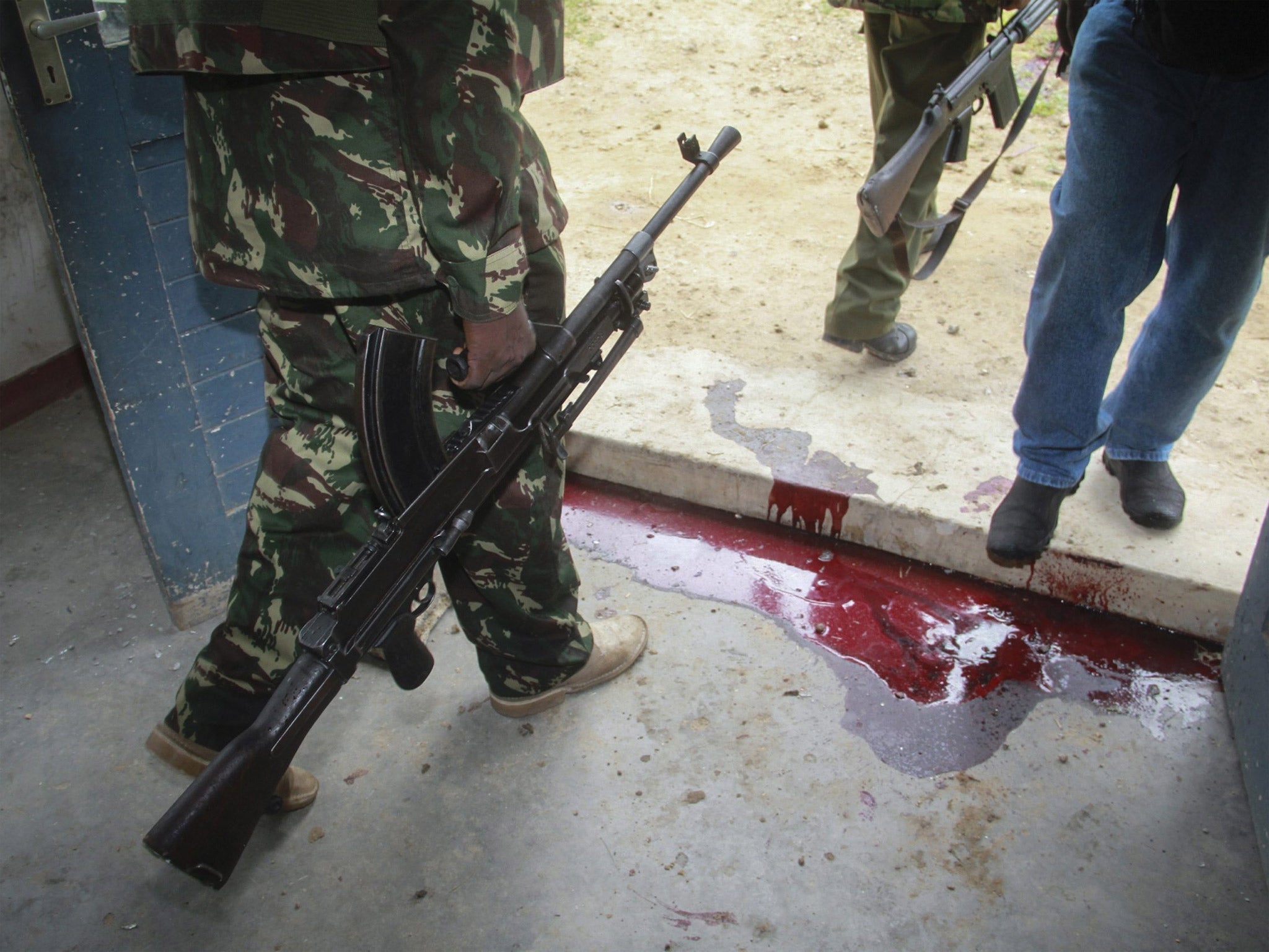 Blood stains at the police station in Gamba which was attacked on Saturday