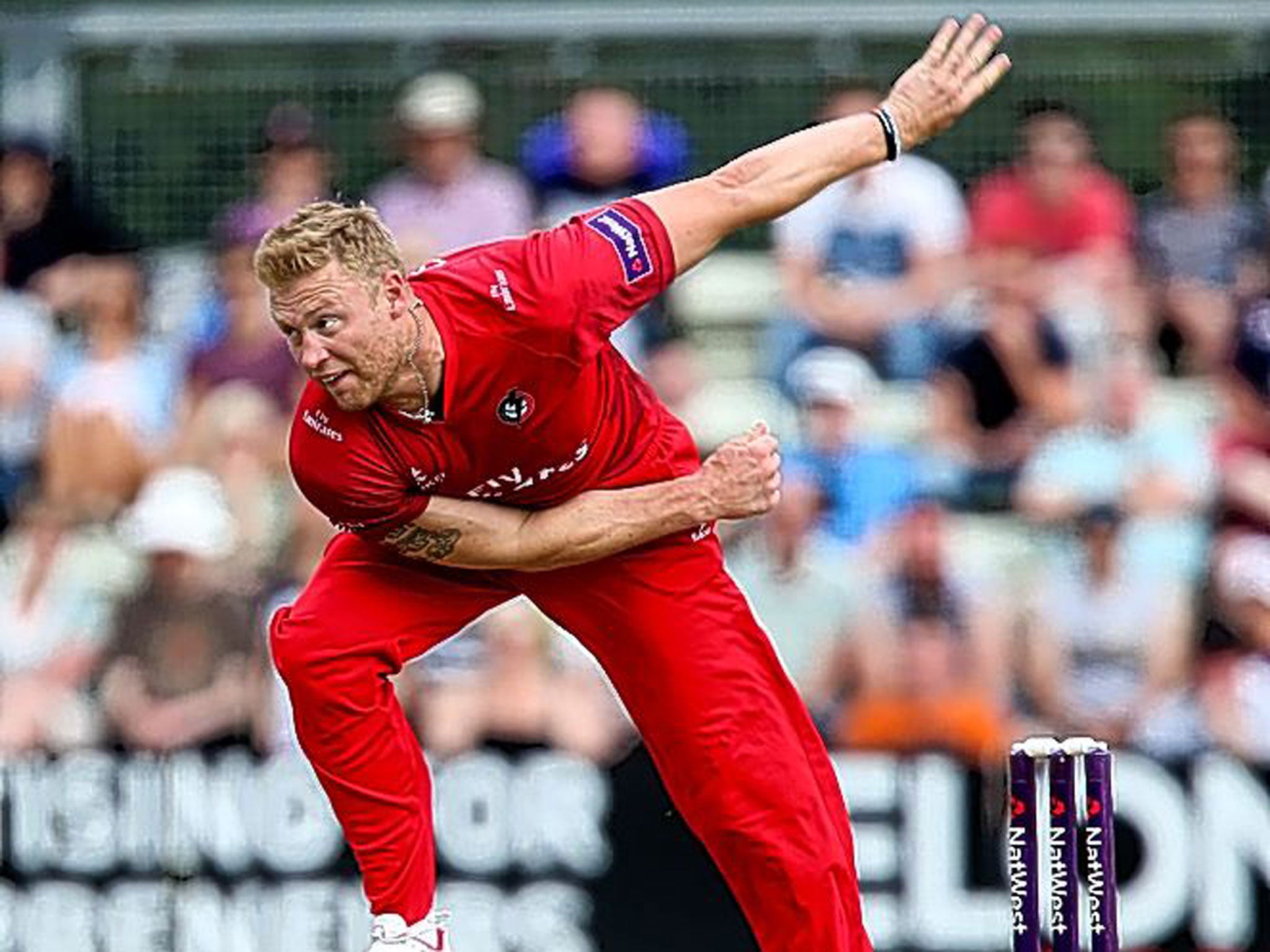 Andrew Flintoff in T20 action on his Lancashire return