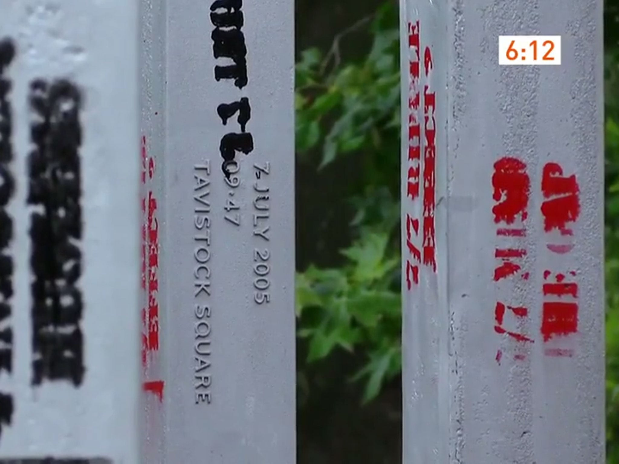 This London Live screengrab shows the graffiti on three of the 52 pillars dedicated to the victims of the 2005 bombings