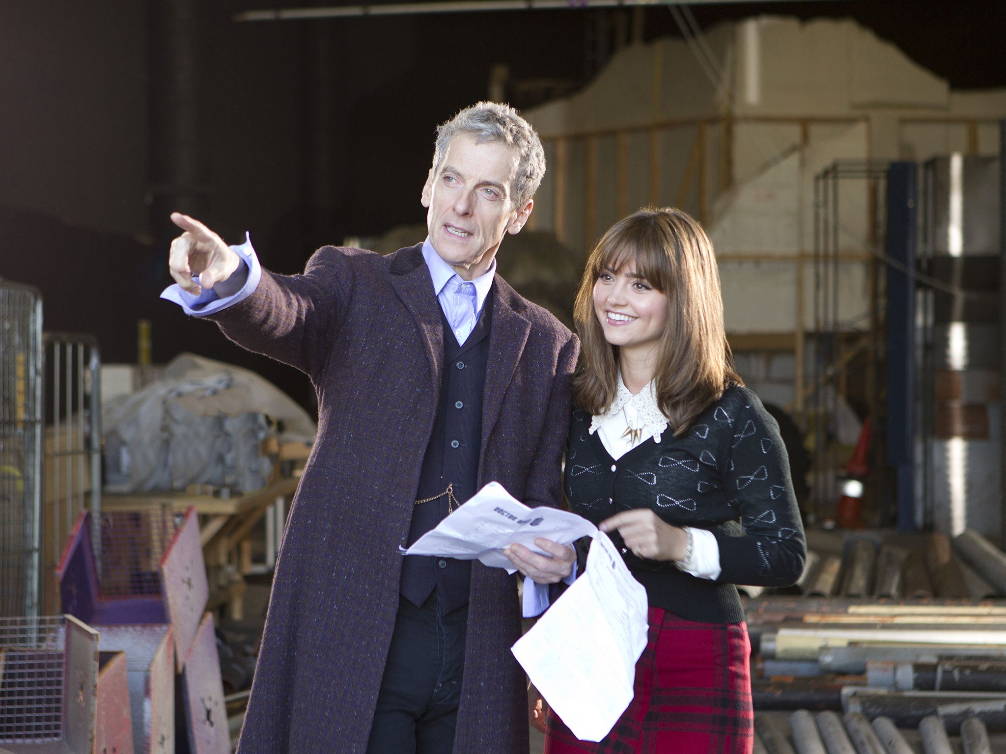 Peter Capaldi and Jenna Coleman as Doctor Who and Clara behind the scenes