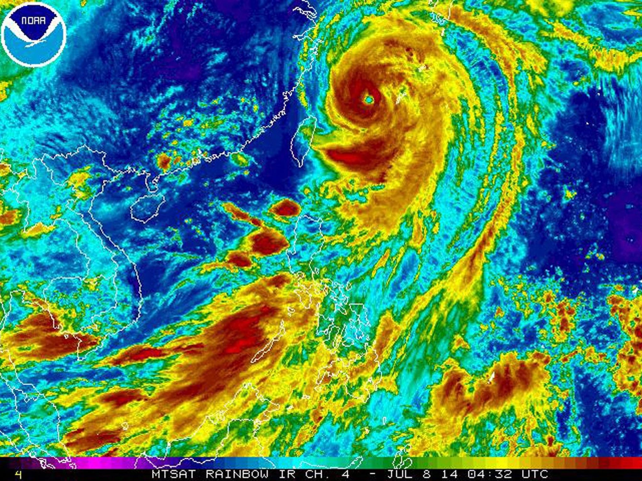 A handout MTSAT rainbow satellite image made available by the National Oceanic and Atmospheric Administration (NOAA) showing typhoon Neoguri, the first super typhoon of 2014 heading towards Japan