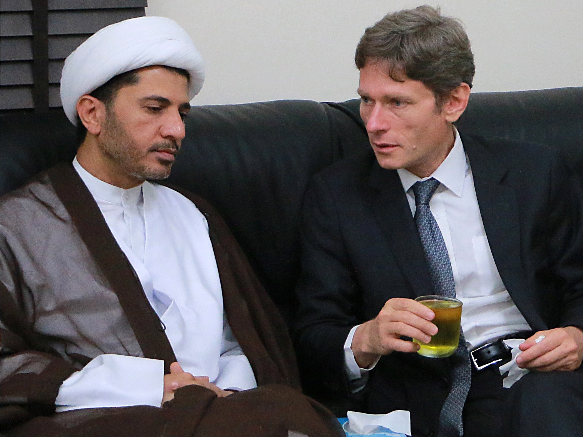 Tom Malinowski (right), the US assistant secretary for human rights, meeting with Bahrain's Al-Wefaq opposition group leader Sheikh Ali Salman, on Sunday