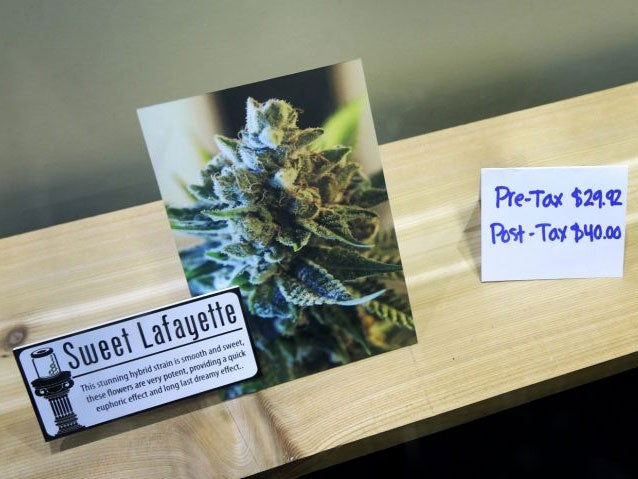 The price of two grams of a strain of marijuana named "Sweet Lafayette," is displayed at Top Shelf Cannabis, Tuesday, July 8, 2014, in Bellingham, Wash., on the first day of legal sales of recreational marijuana in the state