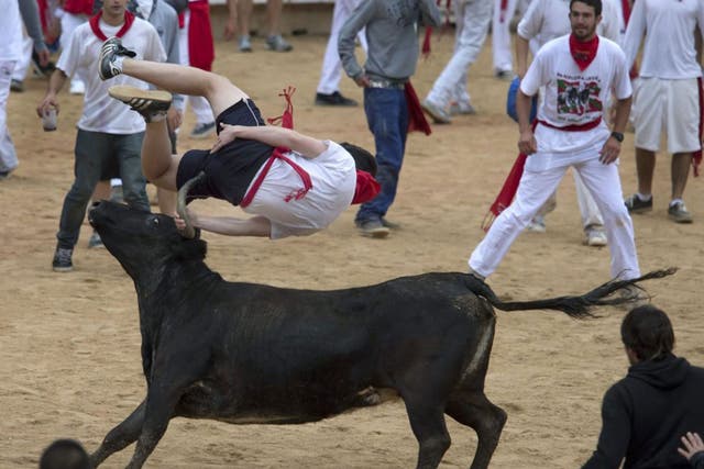 A bull throws a reveler in the bullring during the Fiesta de San Fermin
