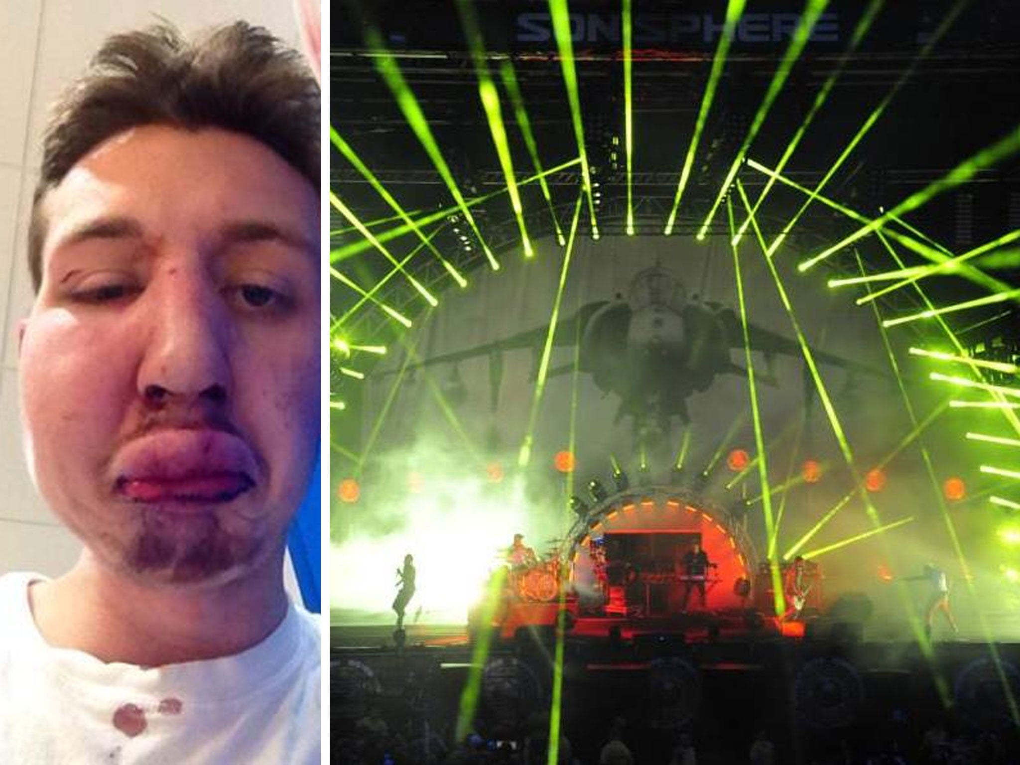 George Cook, 21, was assaulted by a gang of three at the Sonisphere festival in Hertfordshire. Right, The Prodigy headlining Friday night