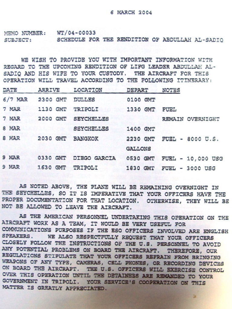 The CIA rendition flight plan mentioning Diego Garcia, found following the fall of Gaddafi