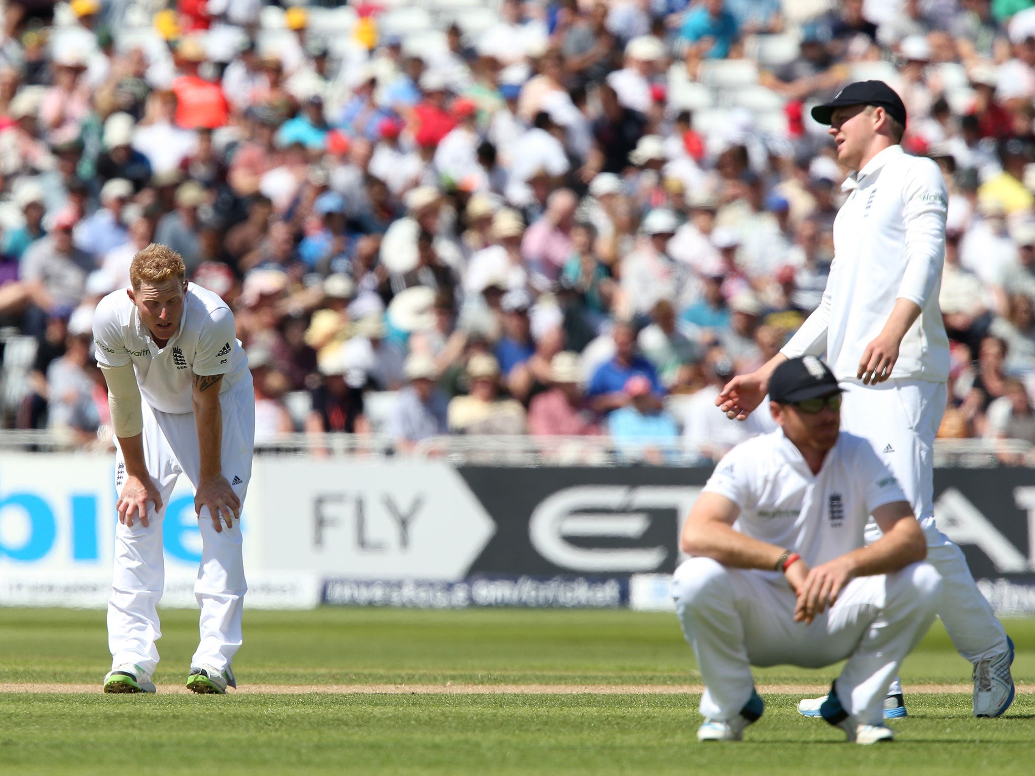Ben Stokes of England (L) looks on dejected after a missed chance during day two of the 1st Investec Test between England and India at Trent Bridge