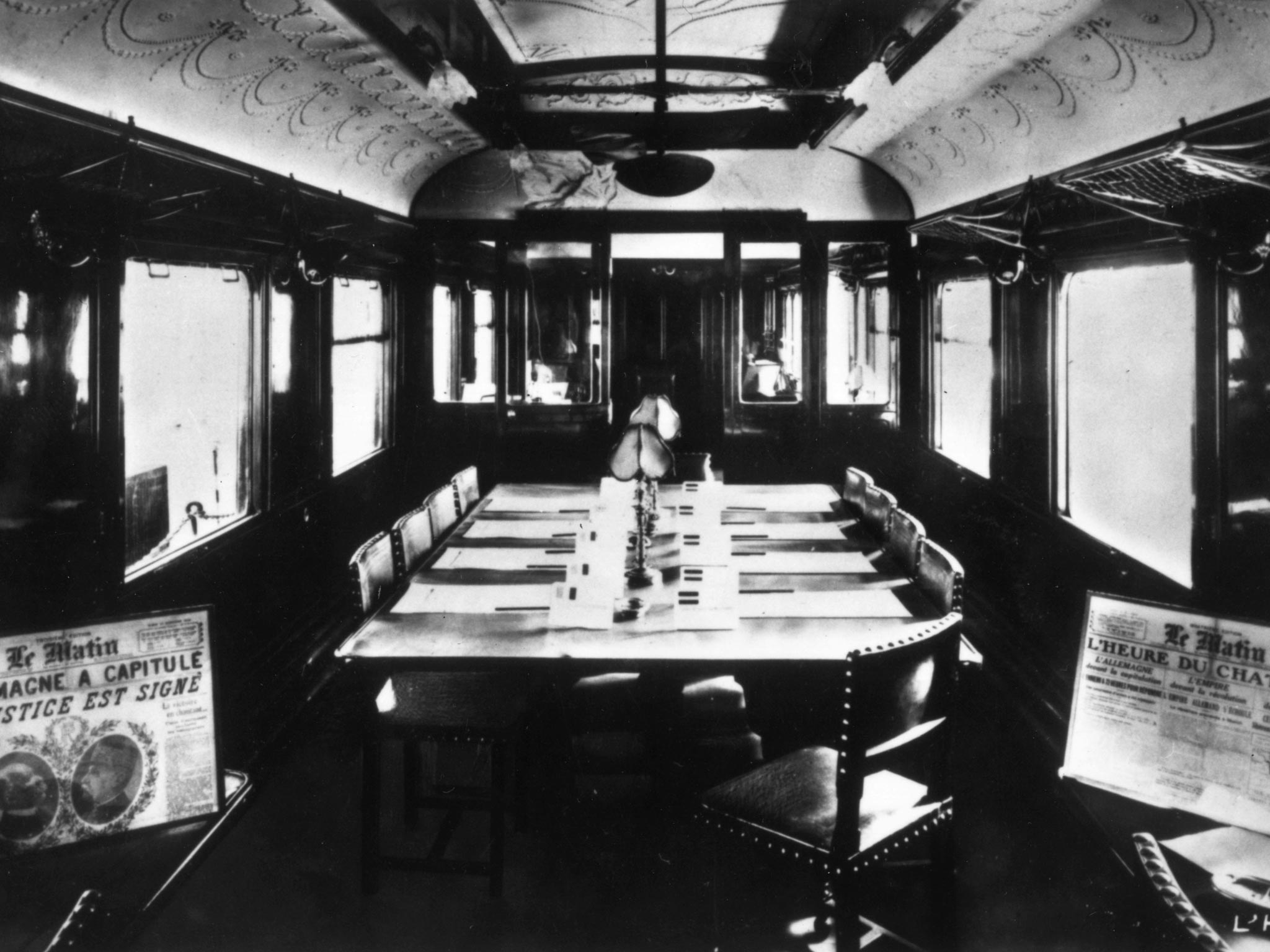 The interior of the railway carriage in which the Armistice ending the First World War was signed