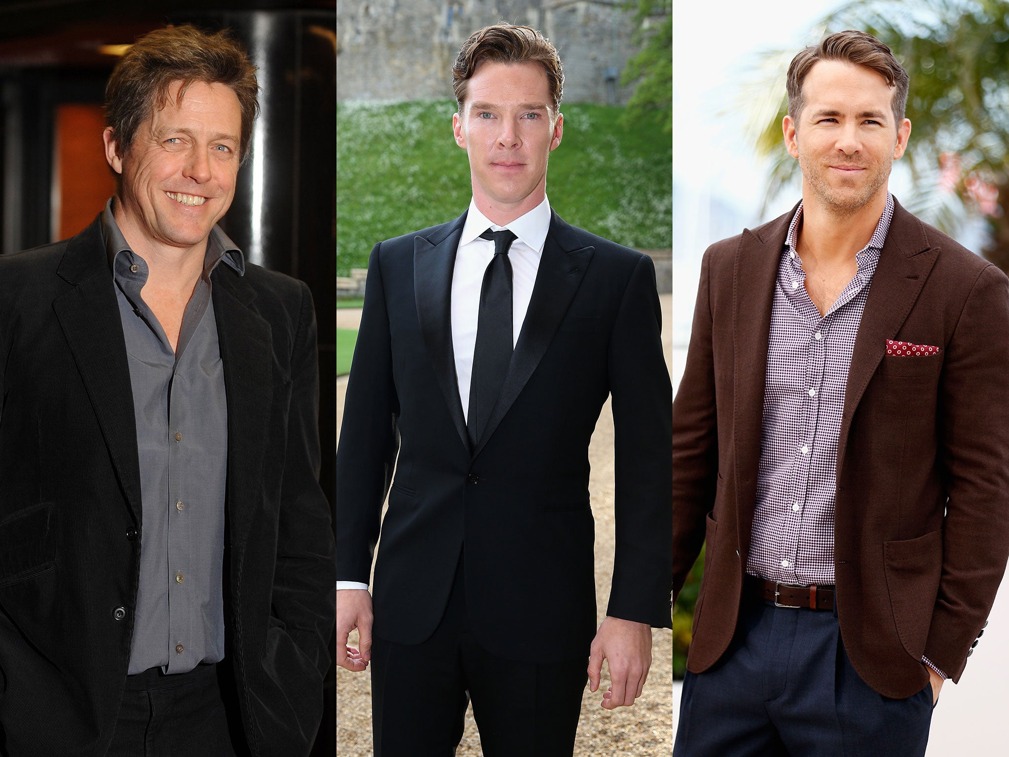 Several male celebrities have confessed to being on a diet, including, from left to right, Hugh Grant, Benedict Cumberbatch and Ryan Reynolds
