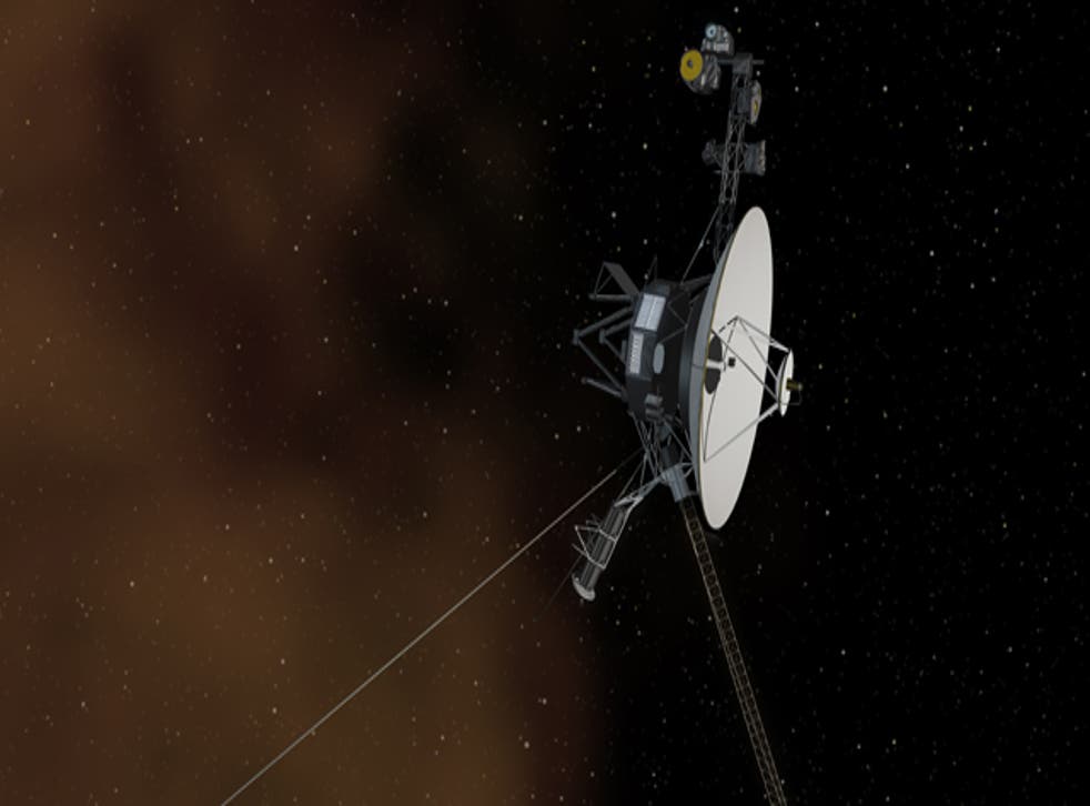 This artist's concept shows the Voyager 1 spacecraft entering the space between stars. The Space Between: This artist's concept shows the Voyager 1 spacecraft entering the space between stars. Interstellar space is dominated by plasma, ionized gas (illustrated here as brownish haze), that was thrown off by giant stars millions of years ago.
