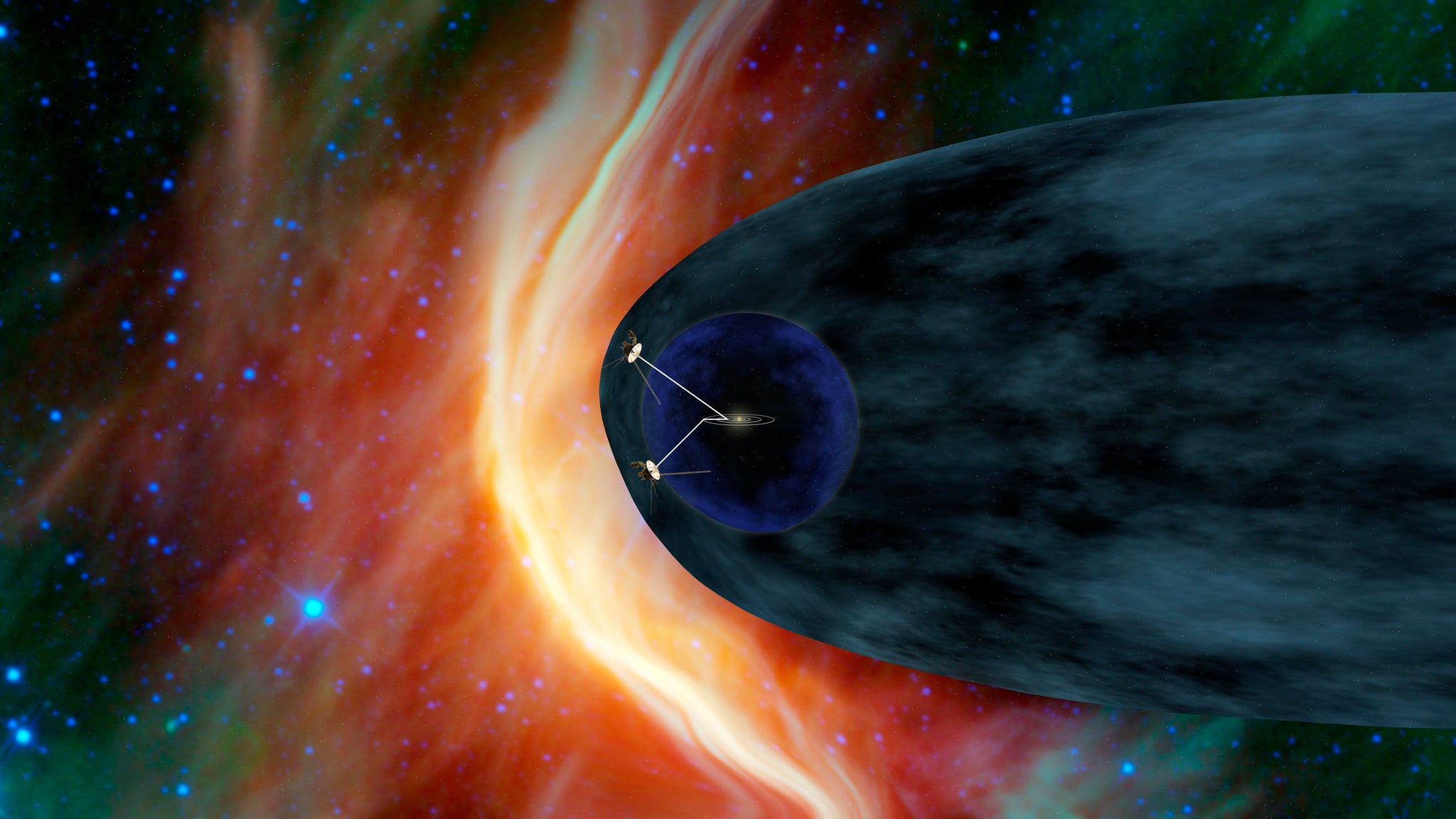 An illustration showing the path of the two Voyager spacecraft. Image credit: Nasa/JPL/Caltech
