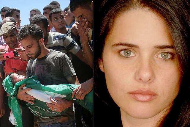 Left: Palestinians carry the body of three-year-old Mohammed Mnassrah; Right: Ayelet Shaked, a member of the Jewish Home party in Israel's Knesset