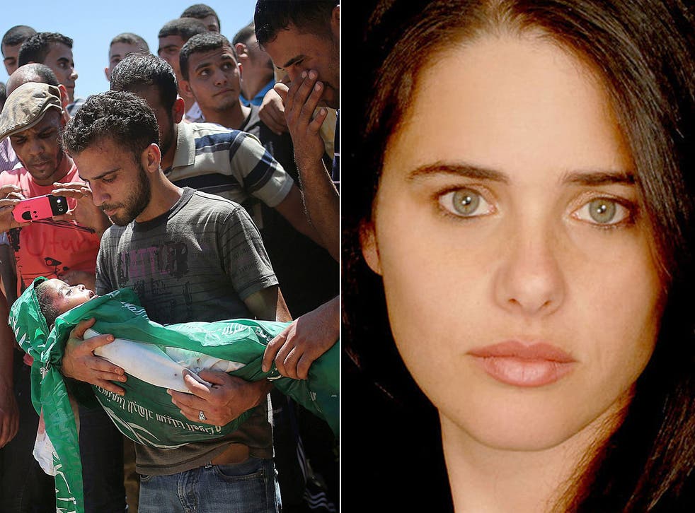 Left: Palestinians carry the body of three-year-old Mohammed Mnassrah; Right: Ayelet Shaked, a member of the Jewish Home party in Israel's Knesset