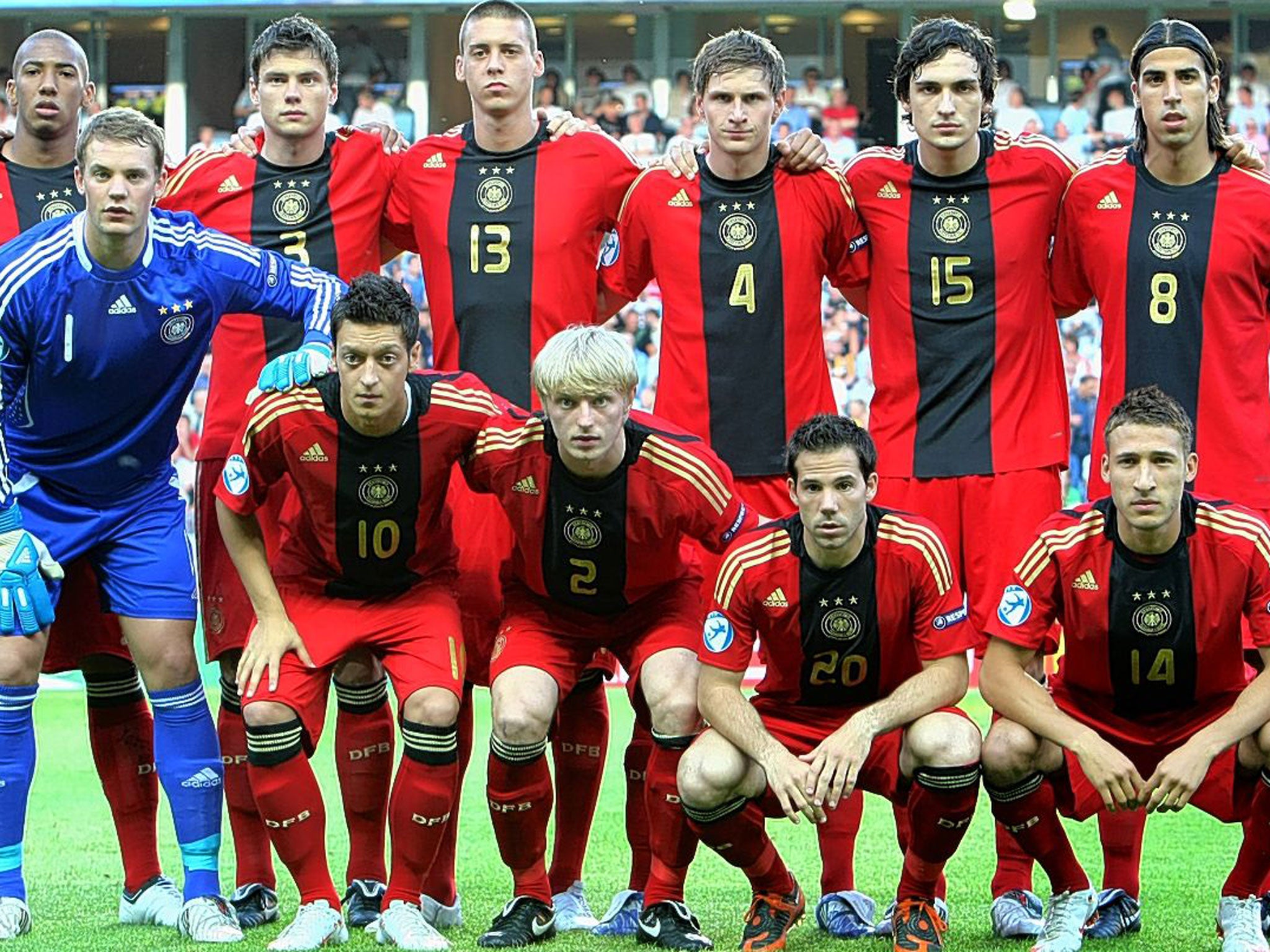 Jérôme Boateng (top row, far left), Benedikt Höwedes (No 4), Mats Hummels (15) Sami Khedira (8), Manuel Neuer (1) and Mesut Özil (10) line up in the Germany Under-21 side to face England in Malmo five years ago
