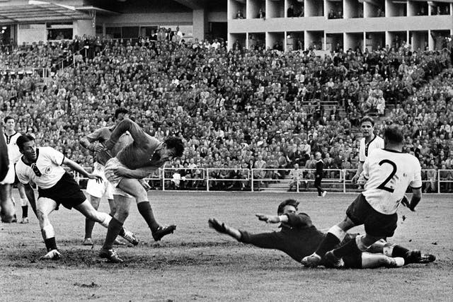 Just Fontaine scores for France against West Germany in the 1958 third-place play-off