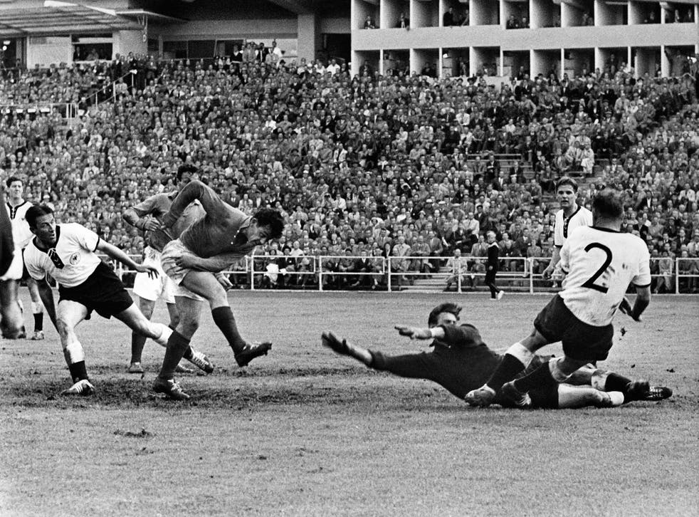 Just Fontaine scores for France against West Germany in the 1958 third-place play-off