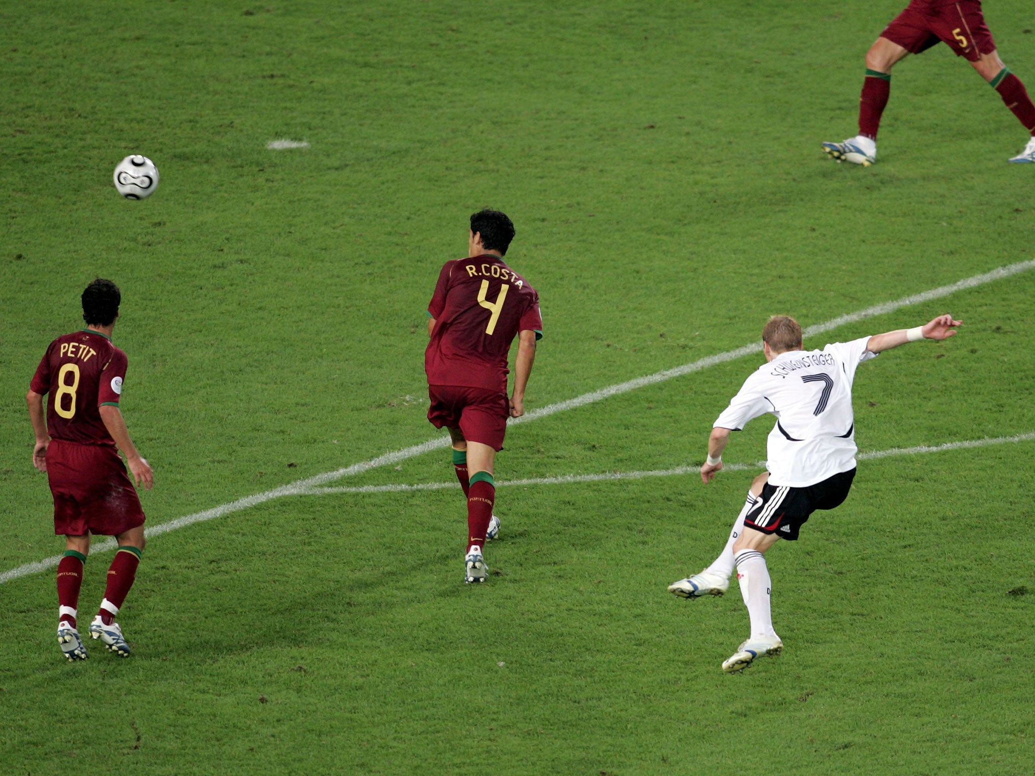 Bastian Schweinsteiger sores a brilliant goal against Portugal