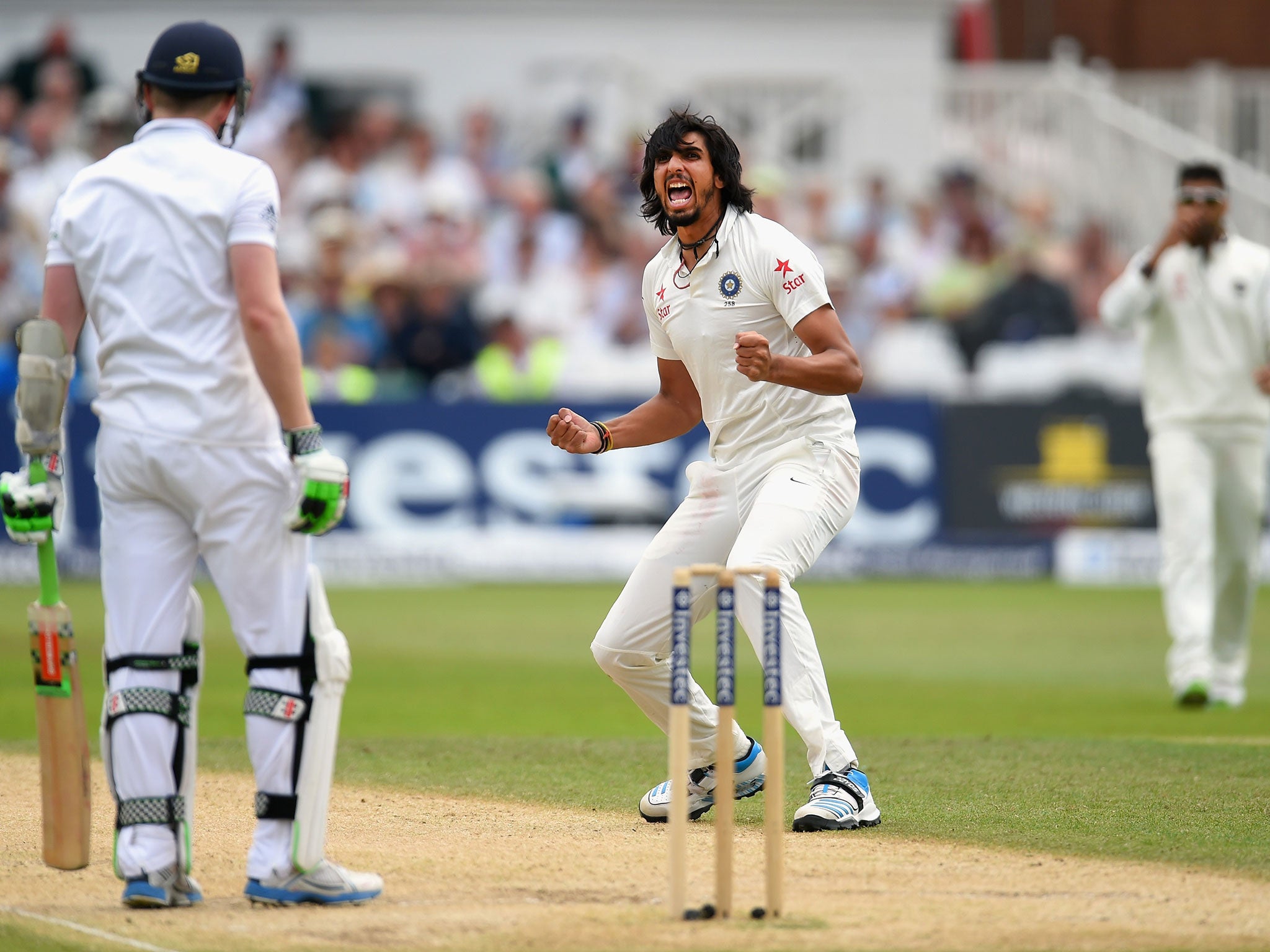Indian paceman Ishant Sharma celebrates taking the
wicket of England’s Sam Robson at Trent Bridge yesterday