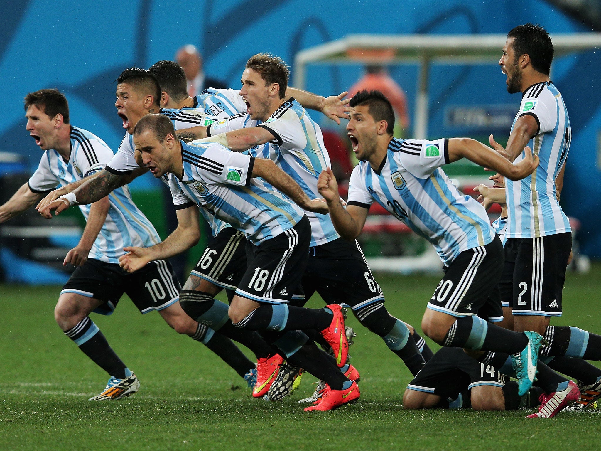 Argentina celebrate their World Cup semi-final penalty shootout victory over the Netherlands