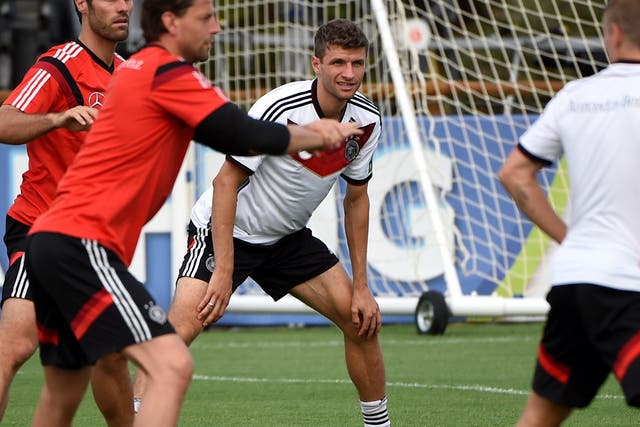 Thomas Muller trains with Germany ahead of the World Cup final