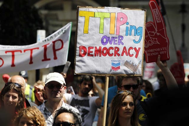 Marching through London yesterday against the ‘secret’ EU/US deal which is backed by all three main political parties  