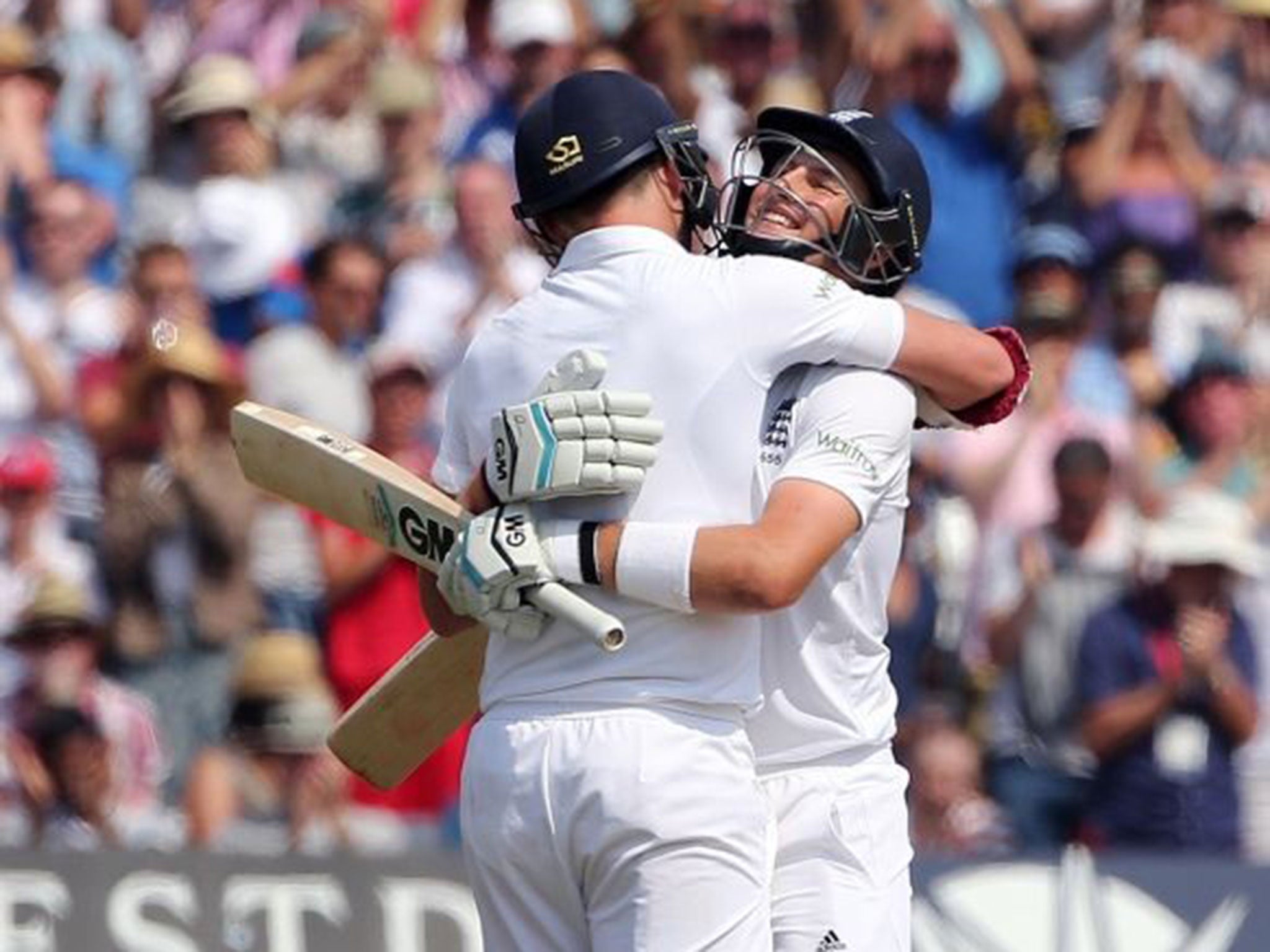 The odd couple: Joe Root (right) celebrates with Jimmy Anderson after reaching his century during the last-wicket pair’s 198-run stand at Trent Bridge