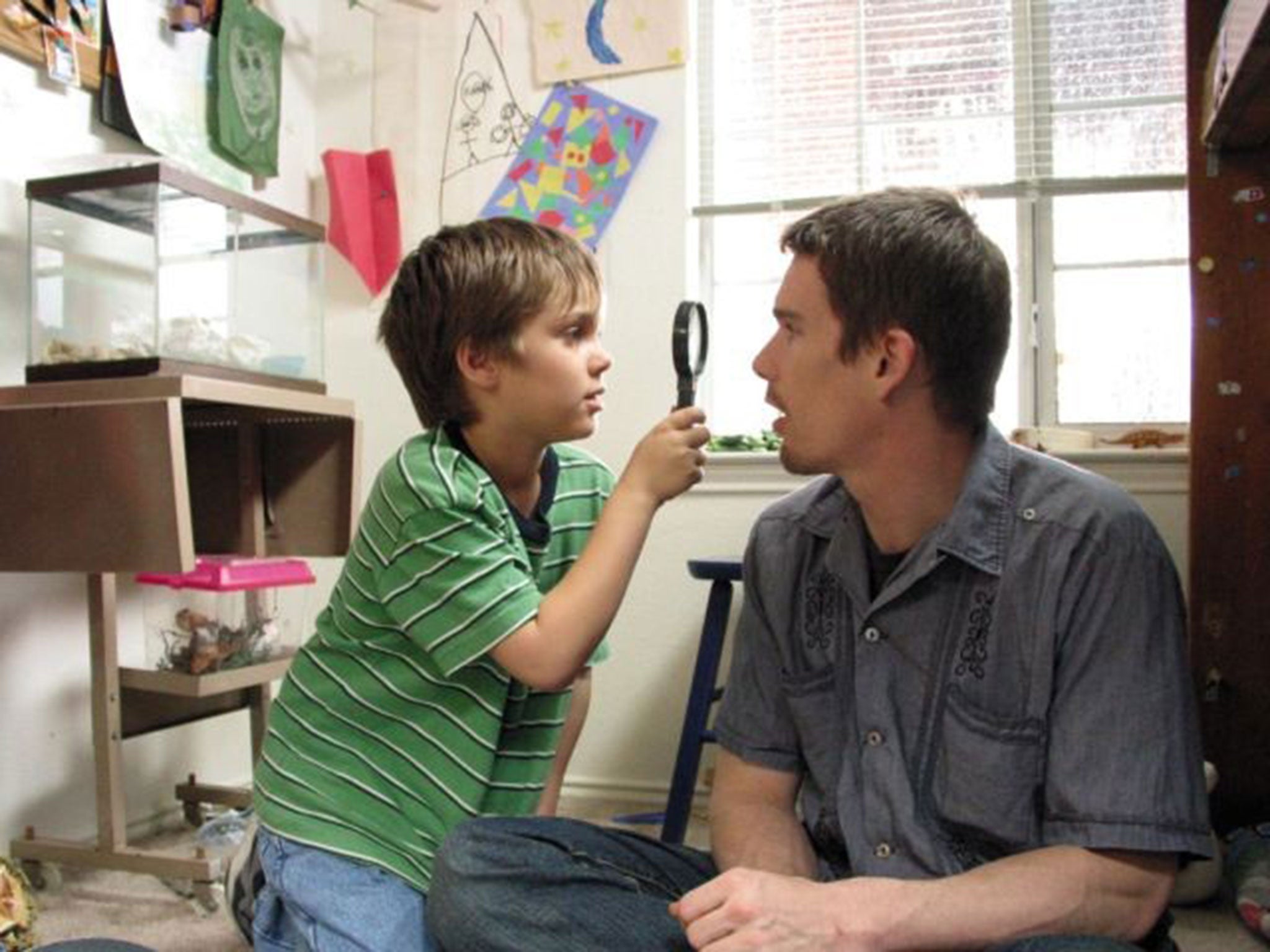 Ellar Coltrane and Ethan Hawke in Richard Linklater’s ‘Boyhood’. Shot over 12 years, the film features untrained and trained actors
