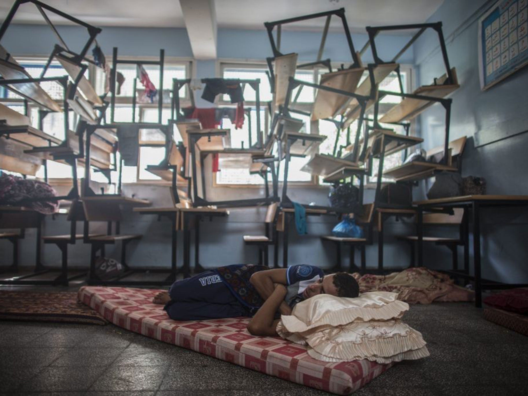 A man who fled from Beit Lahiya shelters in a UN school in Gaza City yesterday