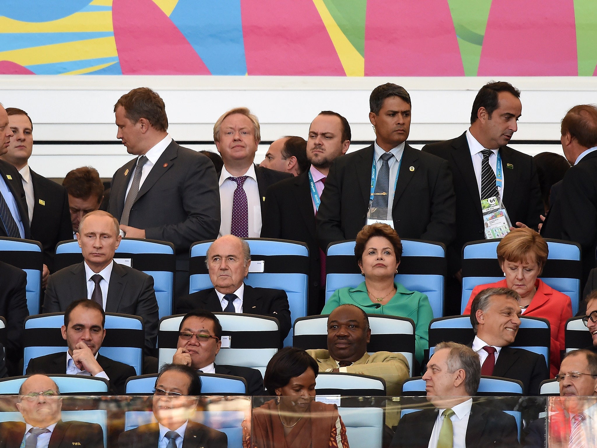 Sepp Blatter takes his seat for the World Cup final along with German chancellor Angela Merkel, German president Joachim Gauck and Vladimir Putin