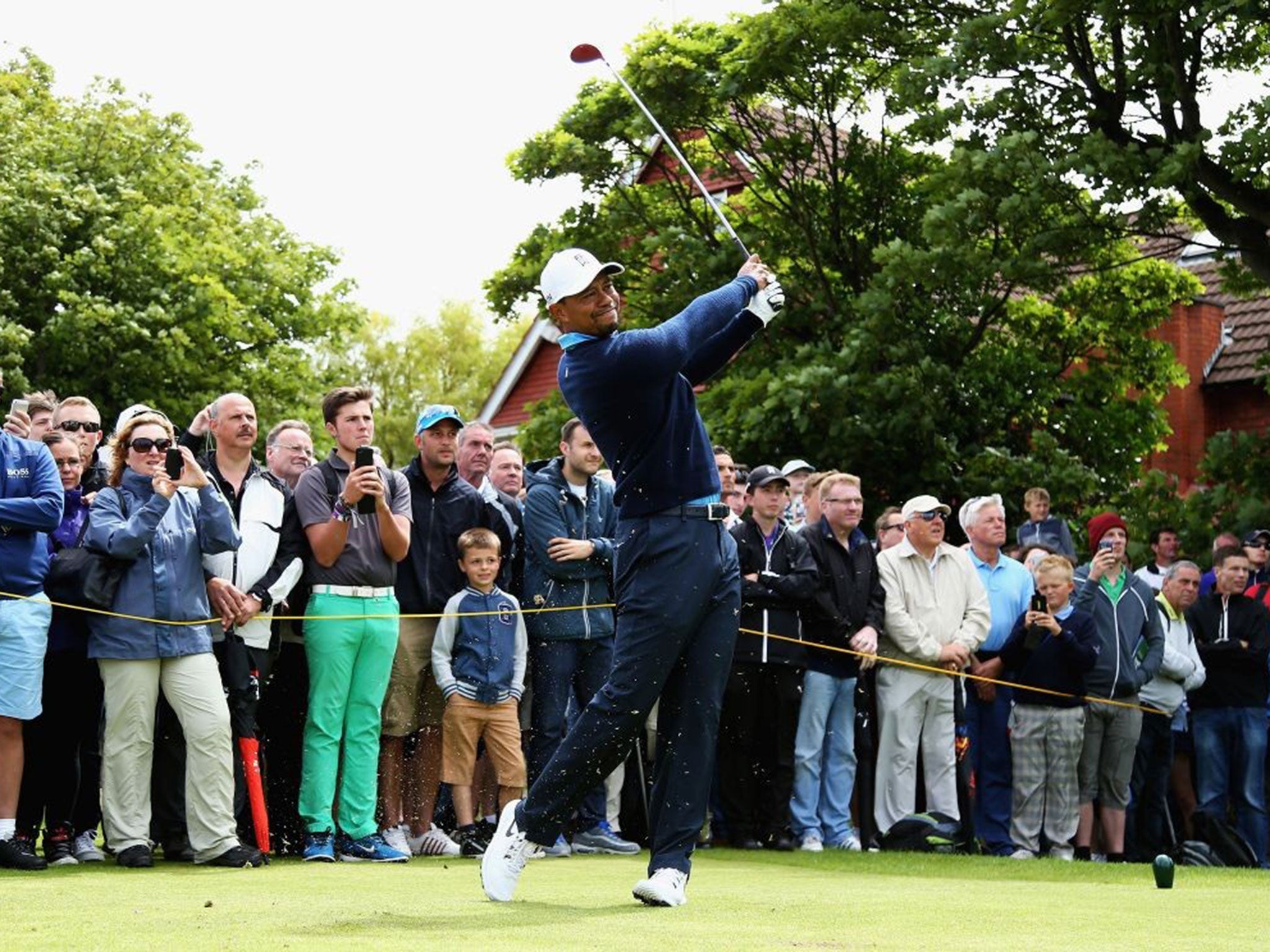 Tiger Woods tees off on the fifth hole during his practice round at Royal Liverpool yesterday