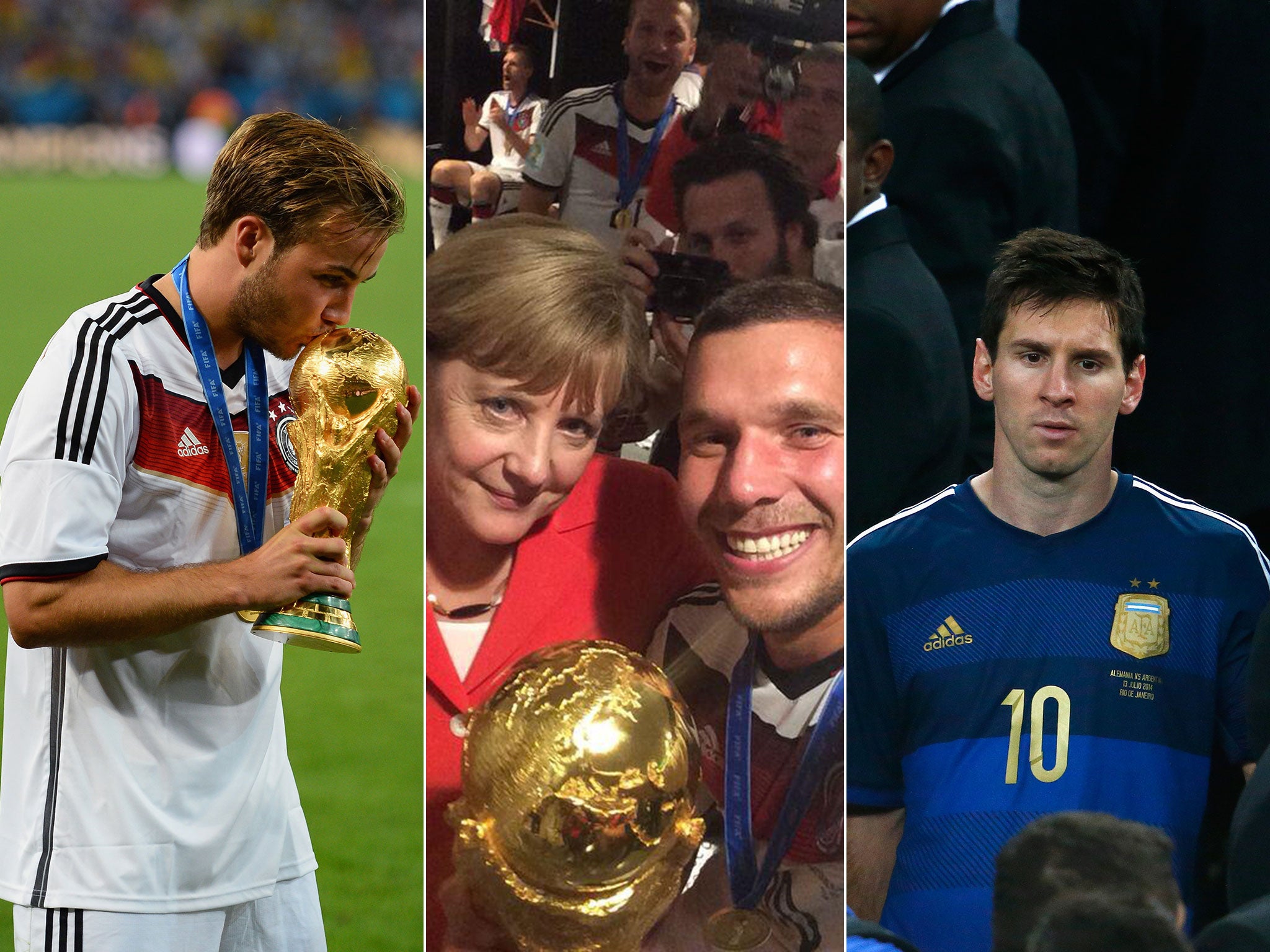Mario Gotze kisses the World Cup, Angela Merkel poses with Lukas Podolski, and Lionel Messi walks off the stage after Argentina's defeat