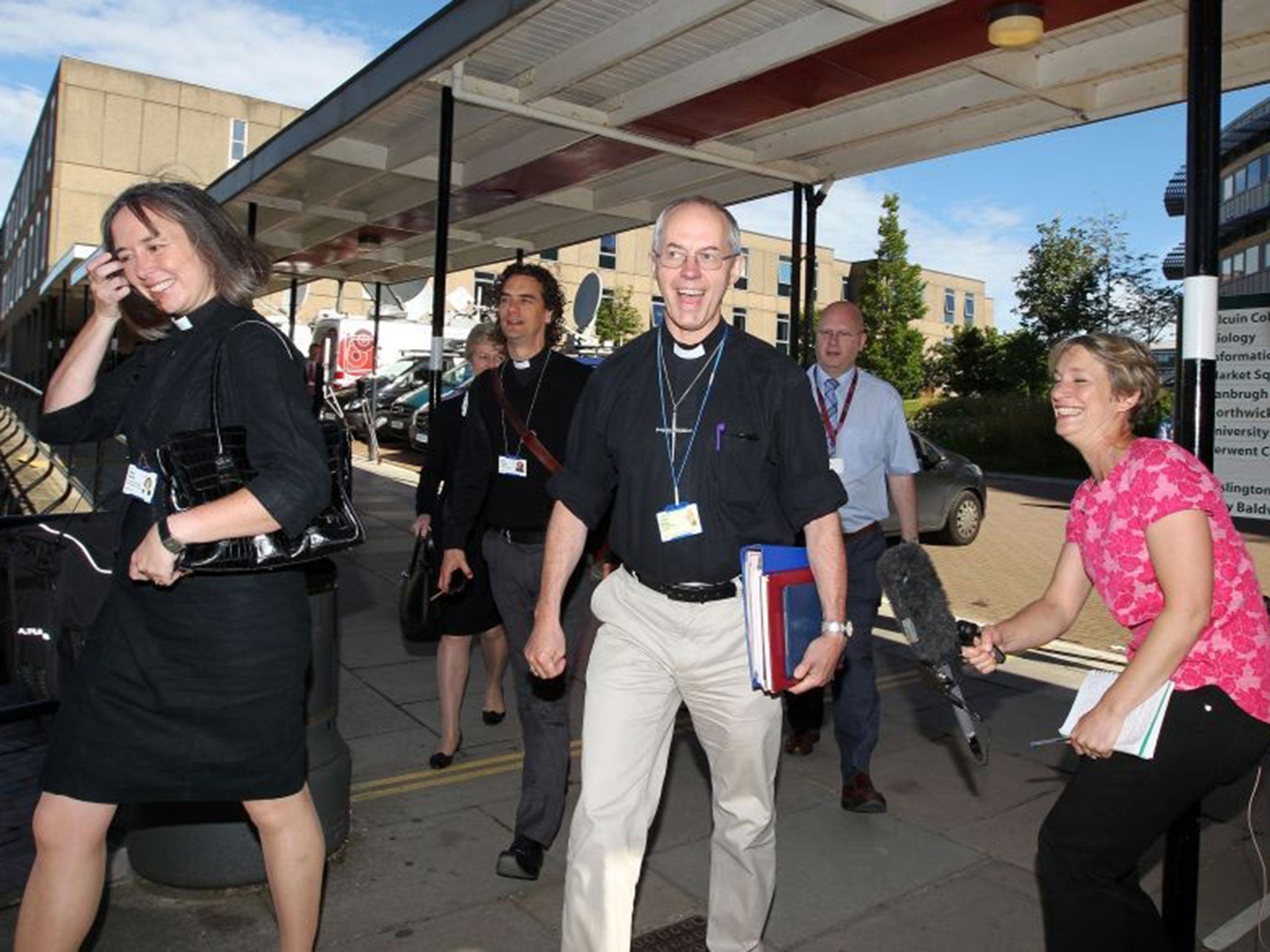 The Archbishop of Canterbury, the Most Rev Justin Welby (centre) arrives for the General Synod of Church of England meeting at The University of York.