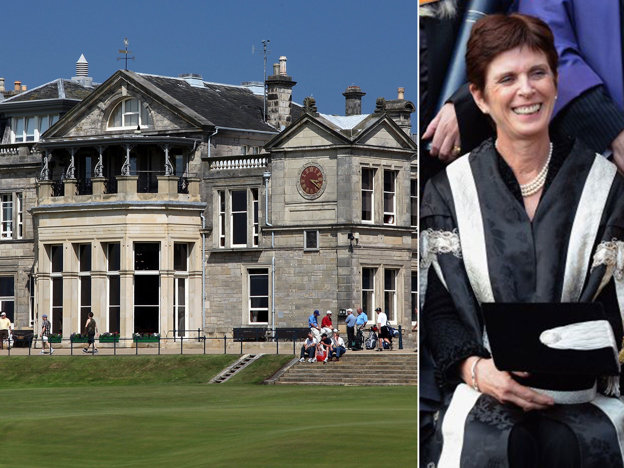 The clubhouse at the Royal and Ancient Golf Club, and St Andrews principal and vice-chancellor Professor Louise Richardson