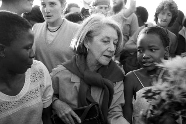 Nadine Gordimer visiting the Alexandra township in 1986 to lay wreaths at the graves of victims of political unrest