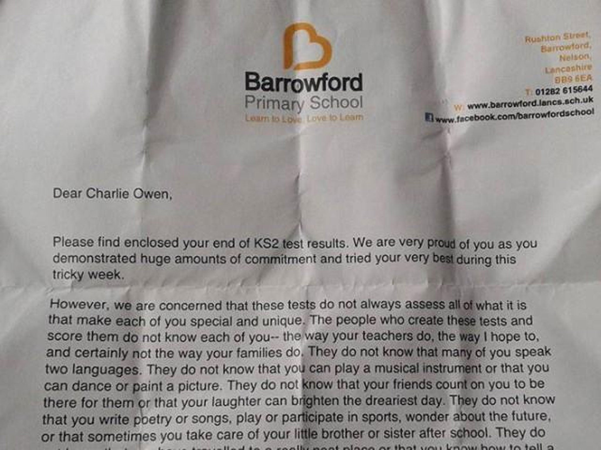 This letter was sent to pupils at Barrowford Primary School in Lancashire along with their Key Stage Two results