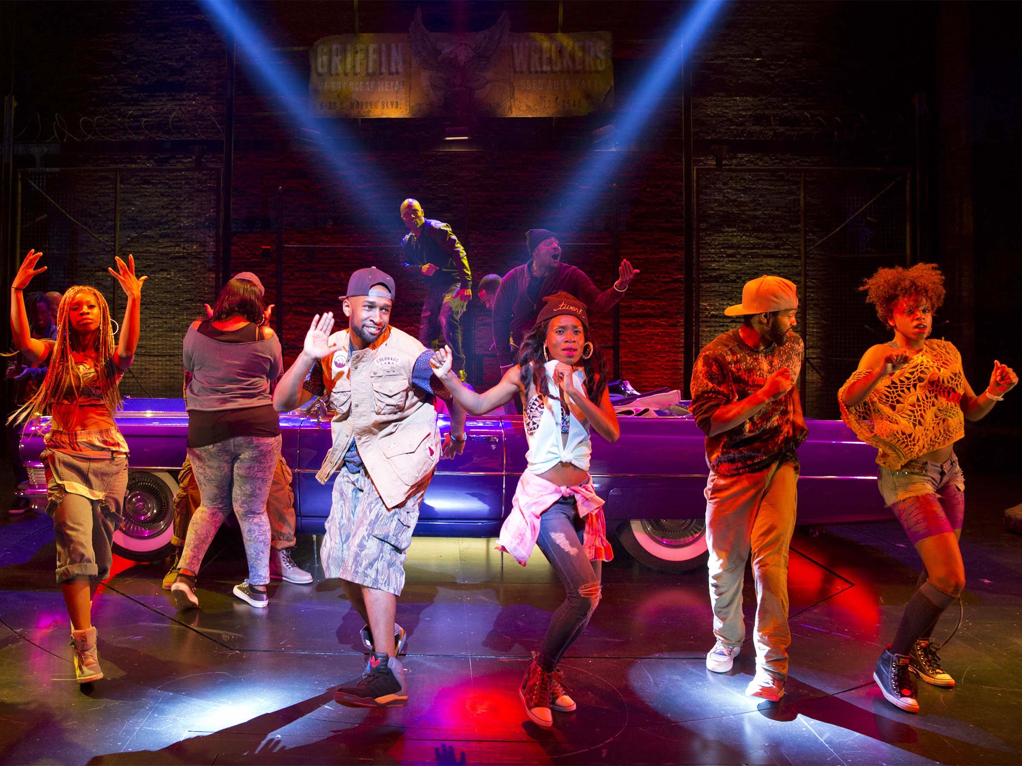 The cast of 'Holler If Ya Hear Me' perform the title song at the Palace Theatre in New York