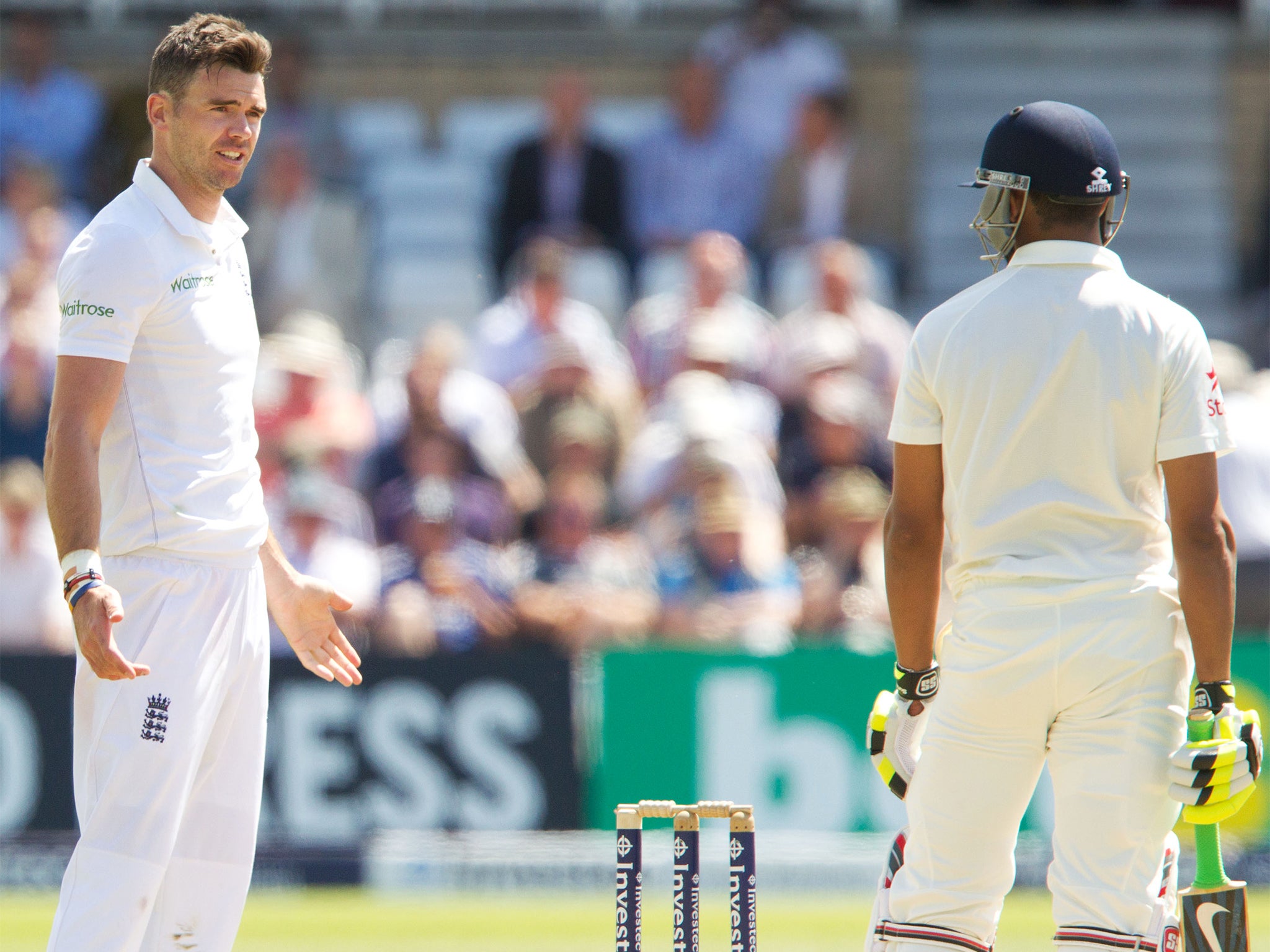 Jimmy Anderson has words with India’s Ravindra Jadeja on the second day at Trent Bridge (Rex)